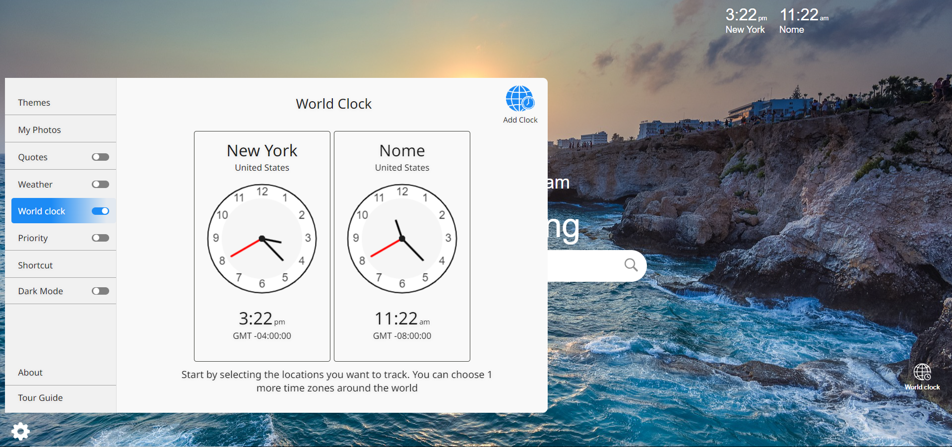Emerge world clock chrome extension screenshot.